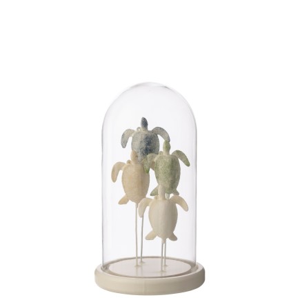 Cloche décorative avec tortue en verre socle blanc 17.5x17.5x26 cm